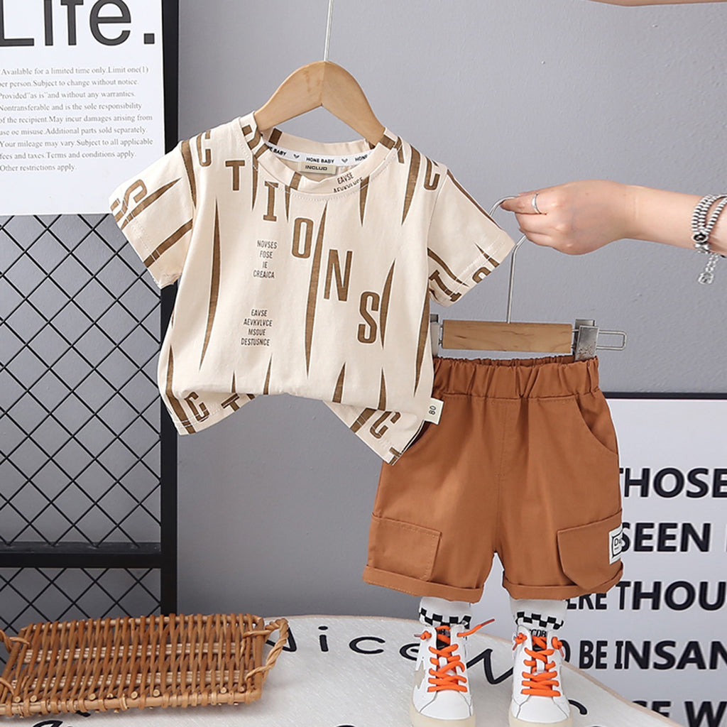Boys Printed Short Sleeves Round Neck T-Shirt With Light Brown Shorts Set 2 pc. Sets Light Brown 1-2 Y