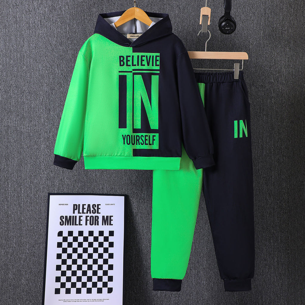 Boys Green Typographic Printed Hooded Neck Sweatshirt With Jogger Winter Co-ord Set 2 pc. Sets Green 7-8 Y
