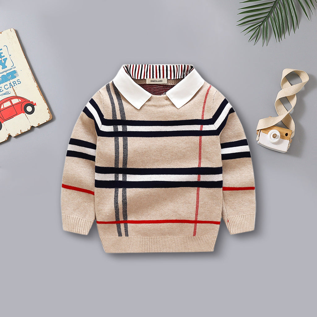 Boys Beige Stripes Regular Sweater With Detachable Shirt collar Sweaters & Cardigans Beige 2-3 Y
