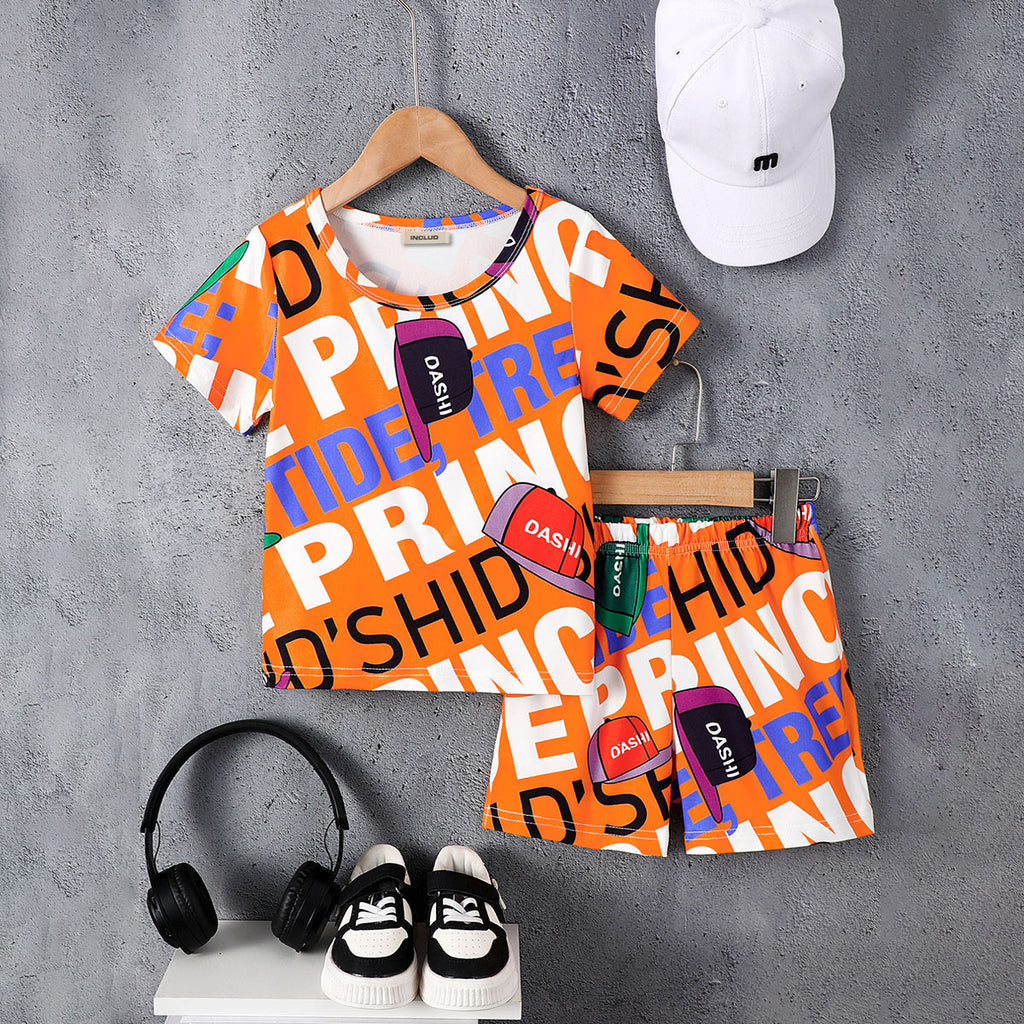 Boys Orange Typographic Print T-Shirt With Shorts Set 2 pc. Sets Orange 3-4 Y