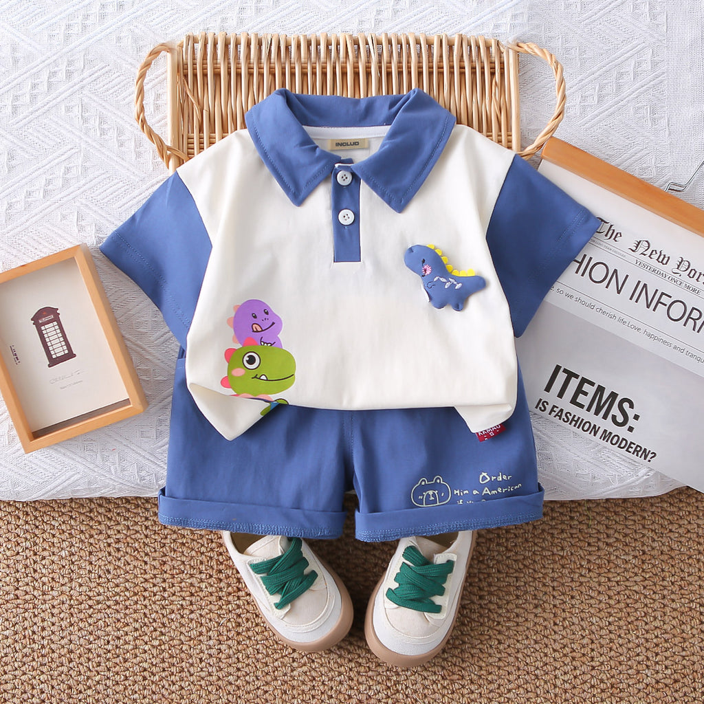 Boys Dinosaur Printed Short Sleeves Polo T-Shirt With Blue Shorts Set 2 pc. Sets Blue 1-2 Y