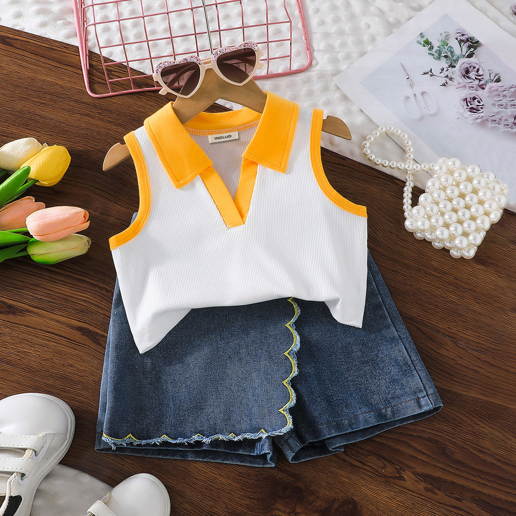 Girls Yellow Sleeveless Polo Crop Top With Denim Skort Set 2 pc. Sets Yellow 2-3 Y
