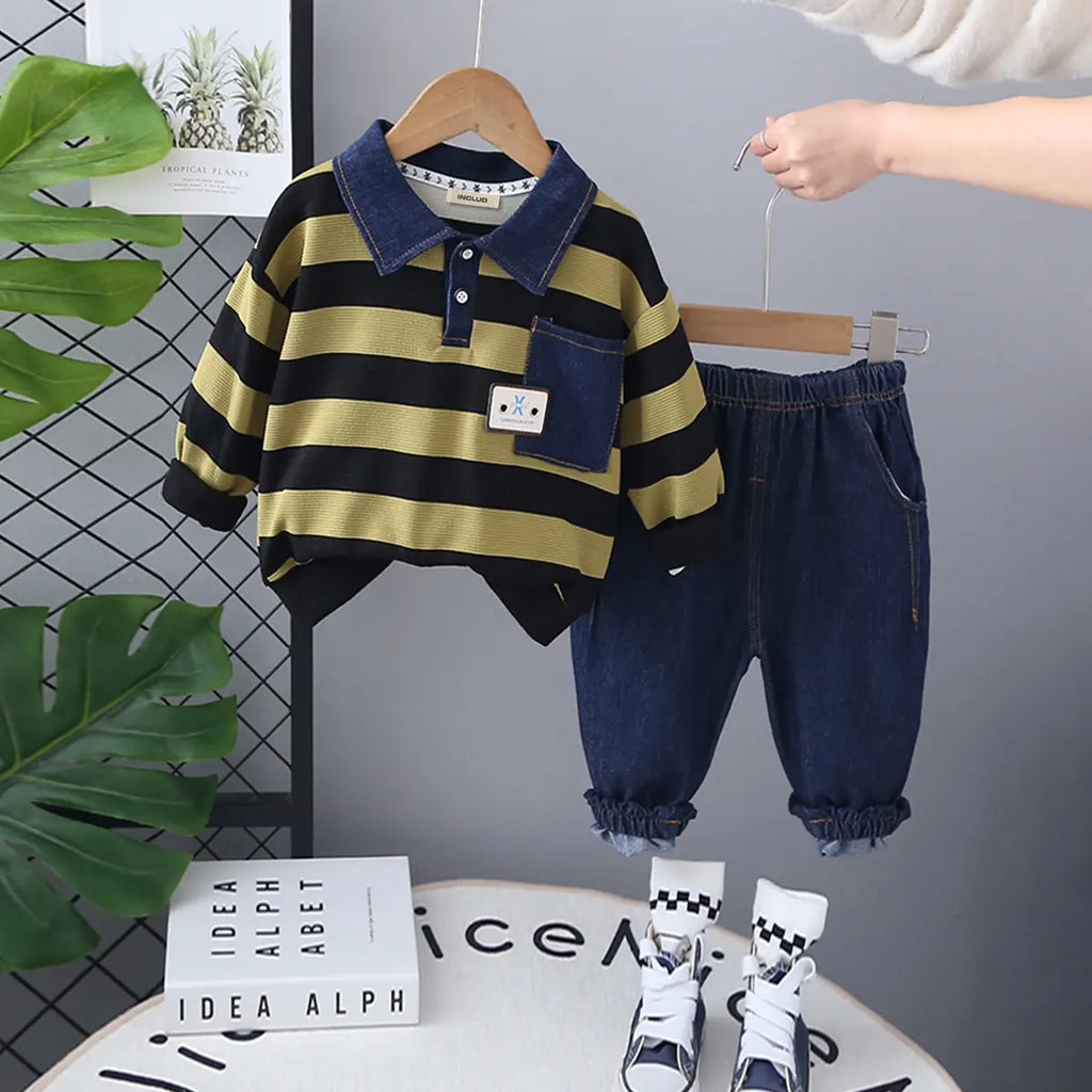 Boys Green Stripes Polo Sweatshirt With Denim Pants Set Sets Green 1-2 Y