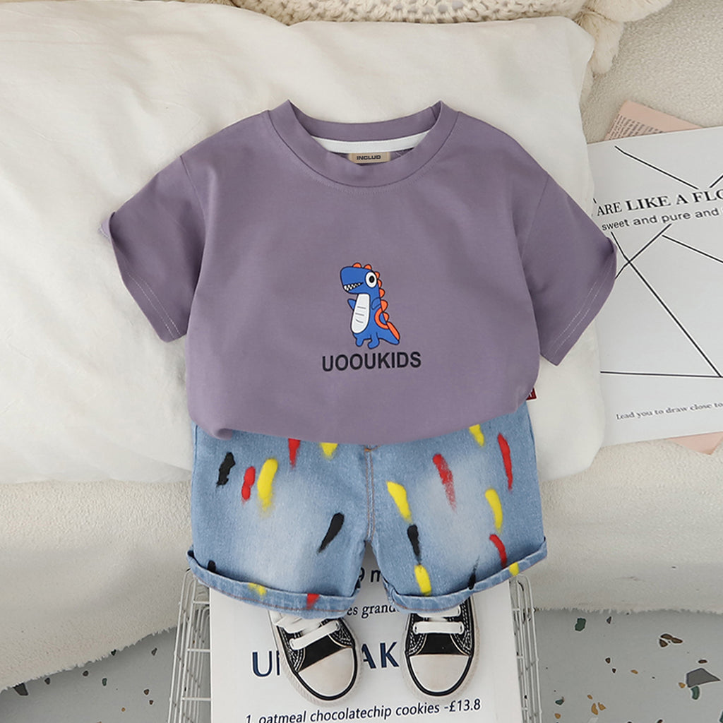 Boys Purple Dinosaur Graphic T-Shirt With Denim Shorts Set 2 pc. Sets Purple 1-2 Y