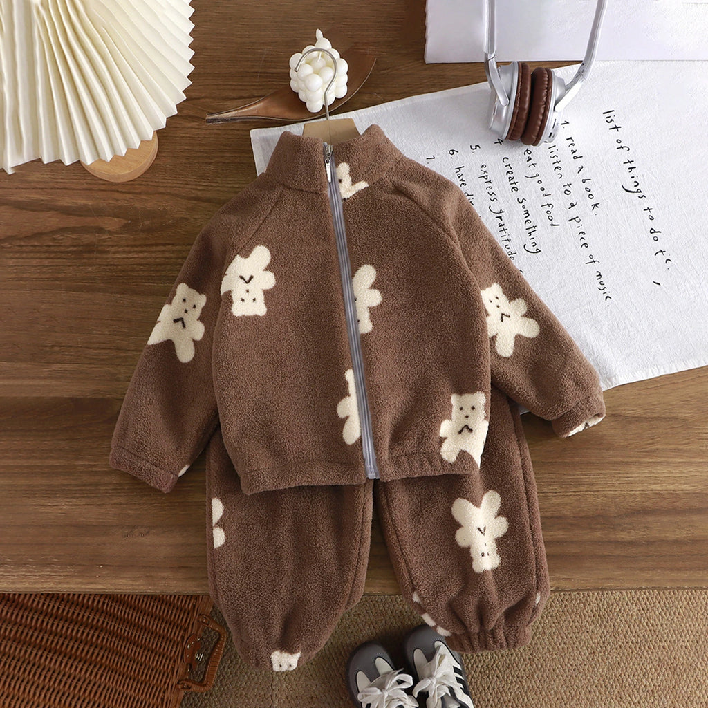 Girls Brown Fleece Teddy Bear Cartoon Printed Zip-up Jacket With Jogger Co-ord Sets Sets Brown 1-2 Y