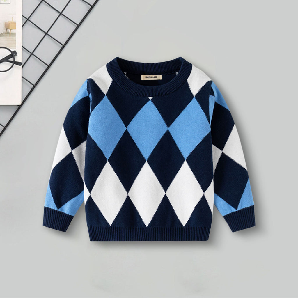 Boys Multicolor Regular Sweater With Self-Design Diamond Patterns Sweaters & Cardigans Multicolor 2-3 Y