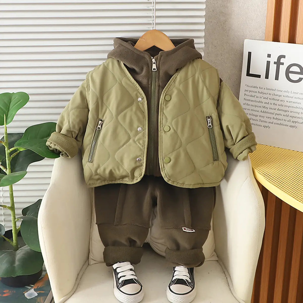 Boys Green Self-Design Sleeveless Jacket With Sweatshirt & Pants Sets 3 pc. Sets Green 1-2 Y