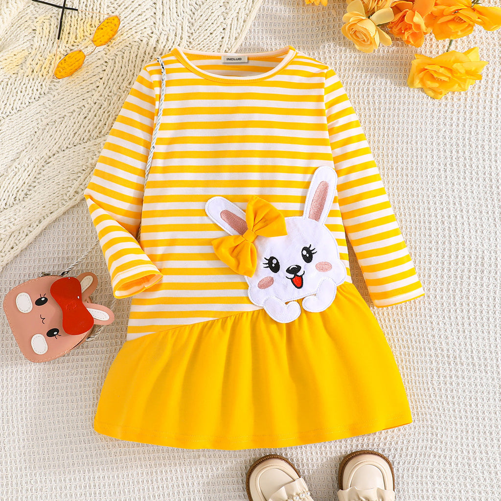 Girls Yellow Striped Long Sleeves Rabbit Appliqued Drop Waist Dress Casual Dresses Yellow 2-3 Y