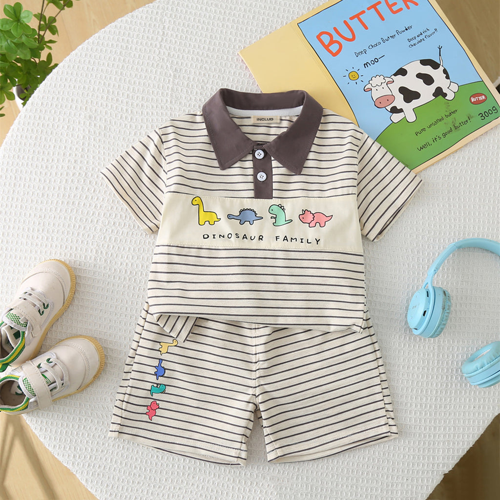 Boys Grey Dinosaur Striped Polo T-shirt with Shorts Set Sets Grey 1-2 Y