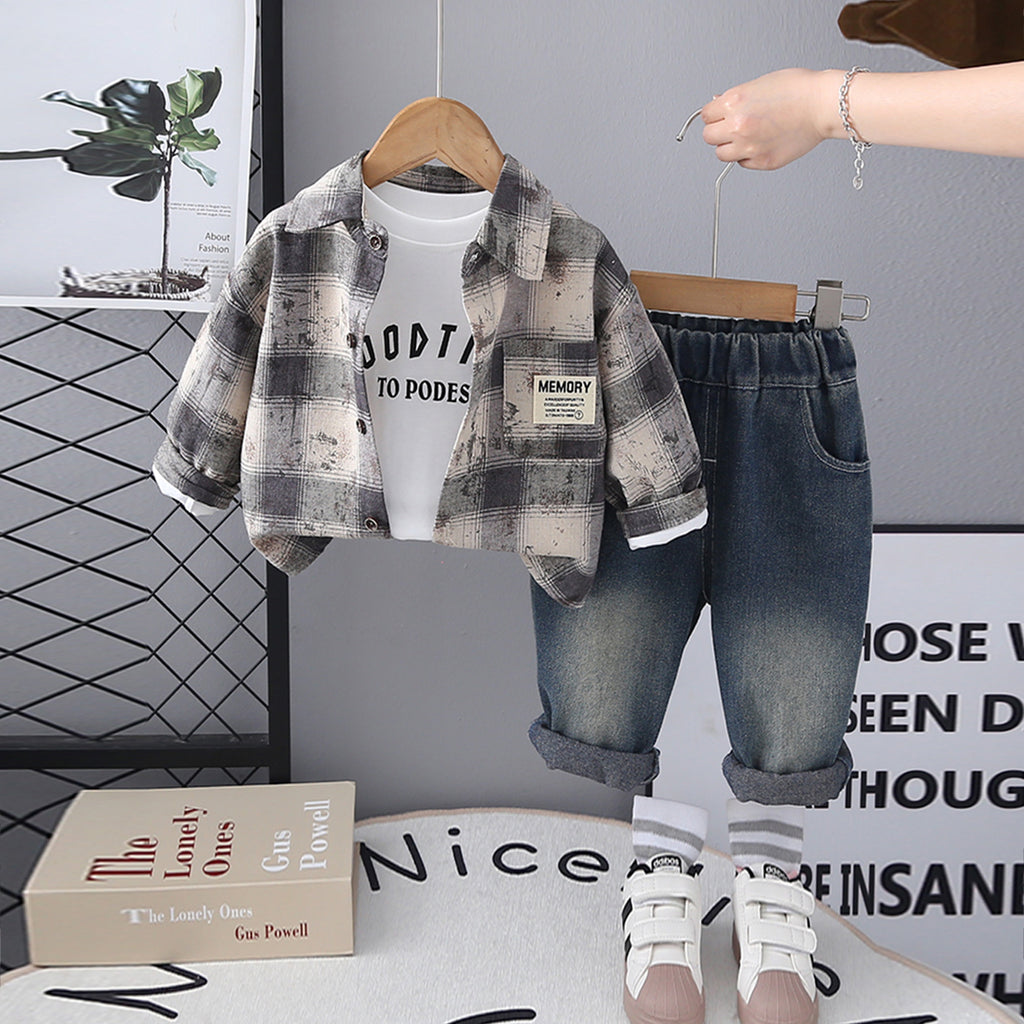 Boys Beige Checked Shirt With T-Shirt & Denim Pants Set Sets Beige 1-2 Y