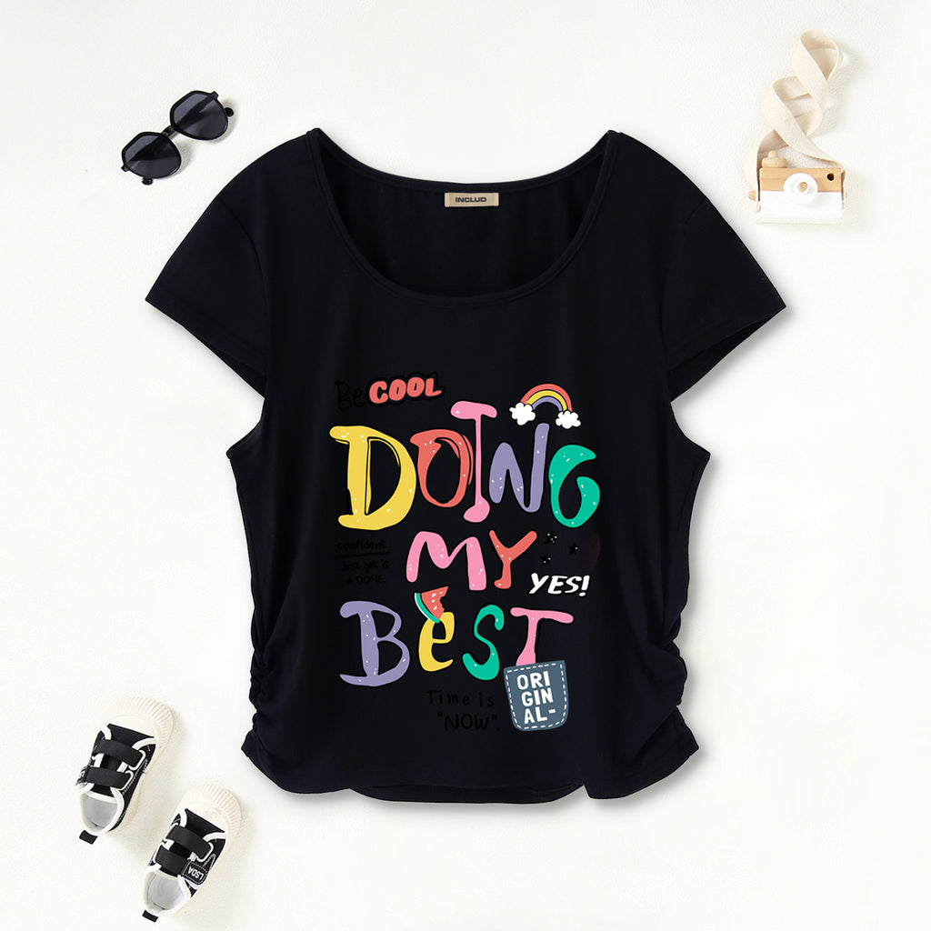 Girls Black Typographic Print Short Sleeves Scoop Neck T-Shirt Tshirts Black 7-8 Y