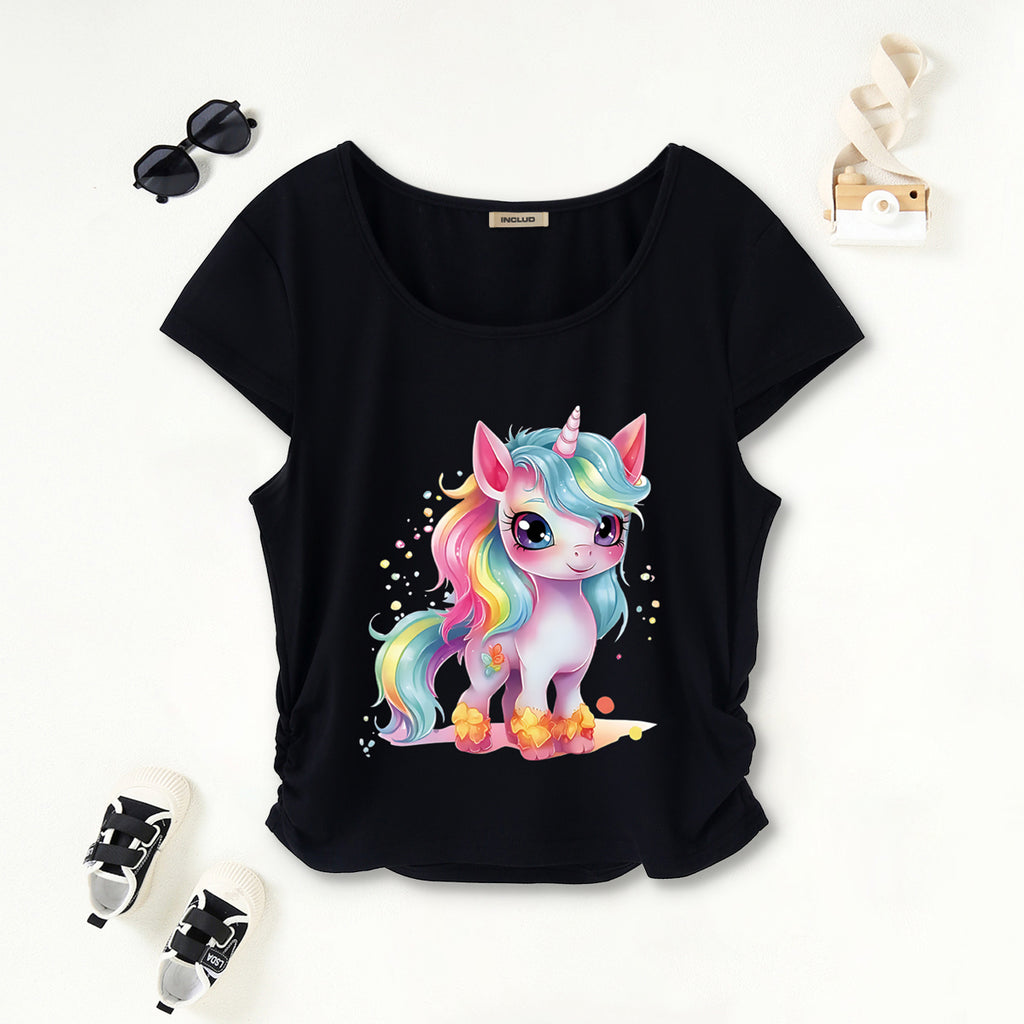 Girls Black Unicorn Print Short Sleeves Scoop Necked T-Shirt Tshirts Black 7-8 Y