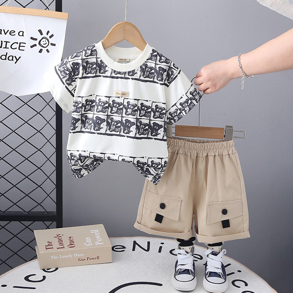 Boys White Teddy Printed Short Sleeves T-Shirt With Shorts Set 2 pc. Sets White 1-2 Y