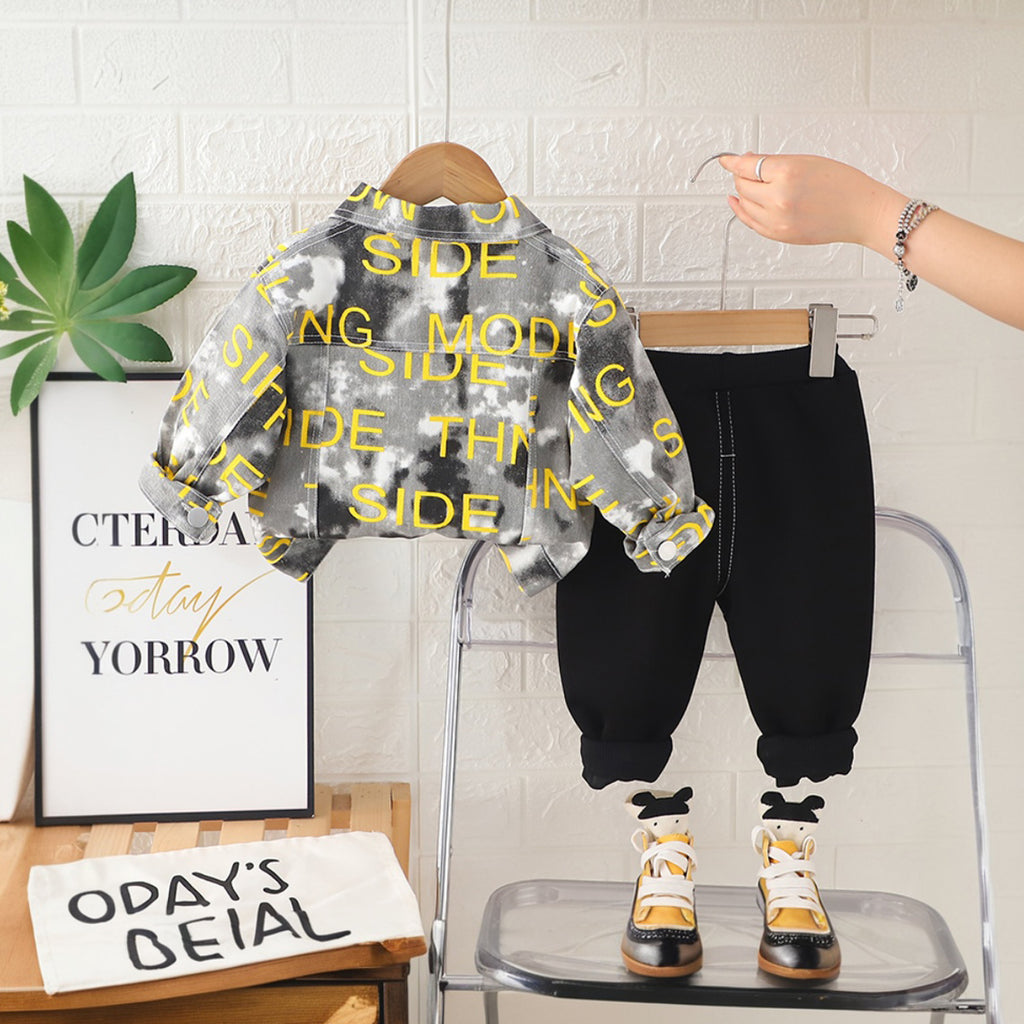 Boys Yellow Typographic Printed Shacket With Pants Set 2 pc. Sets Yellow 1-2 Y