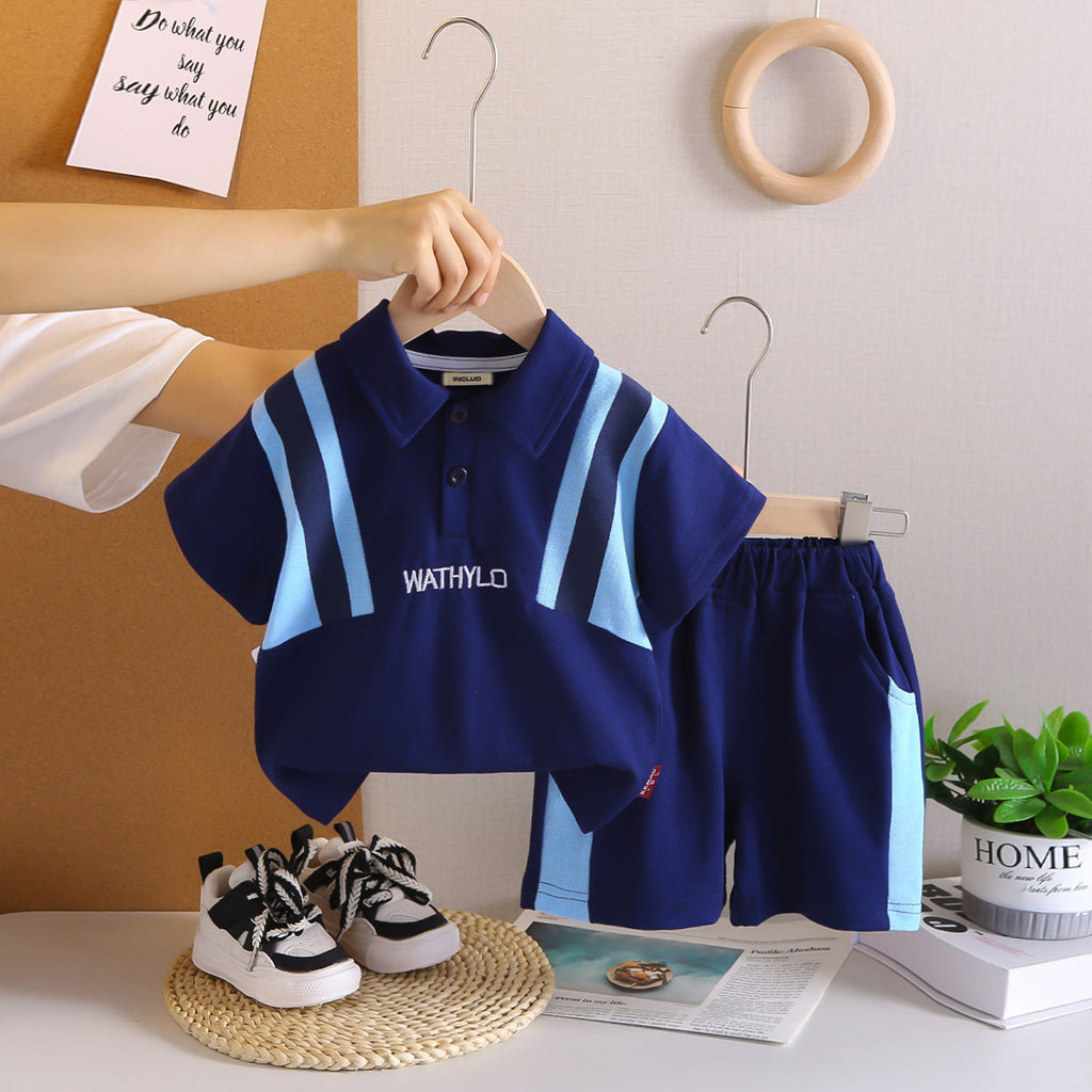 Boys Navy Blue Side Contrast Striped Short Sleeves Polo T-Shirt With Shorts set 2 pc. Sets Navy Blue 1-2 Y
