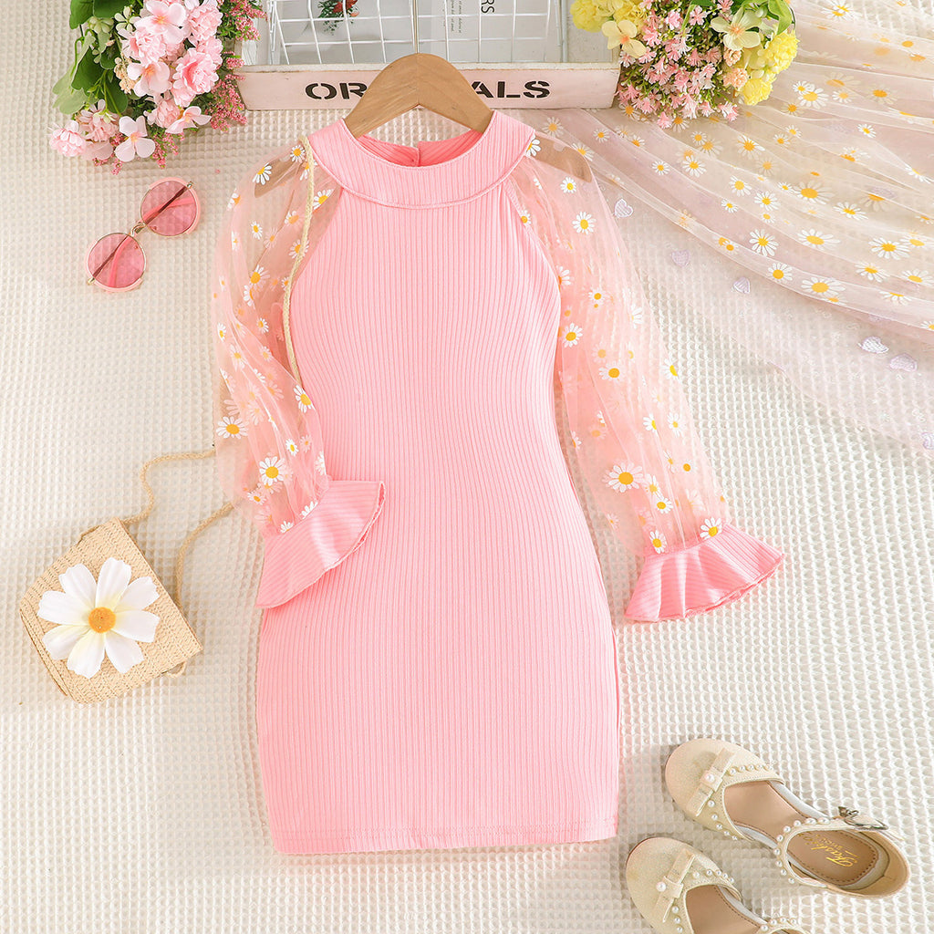 Girls Pink Long Net Printed Flared Sleeves Bodycon Dress Casual Dresses Pink 2-3 Y