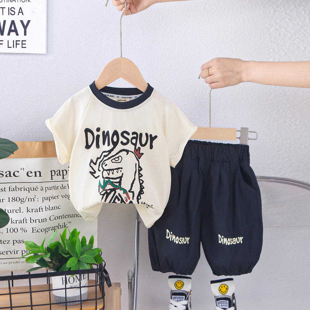 Boys Typographic Dinosaur Printed T-Shirt With Dark Blue Shorts Set 2 pc. Sets Dark Blue 1-2 Y