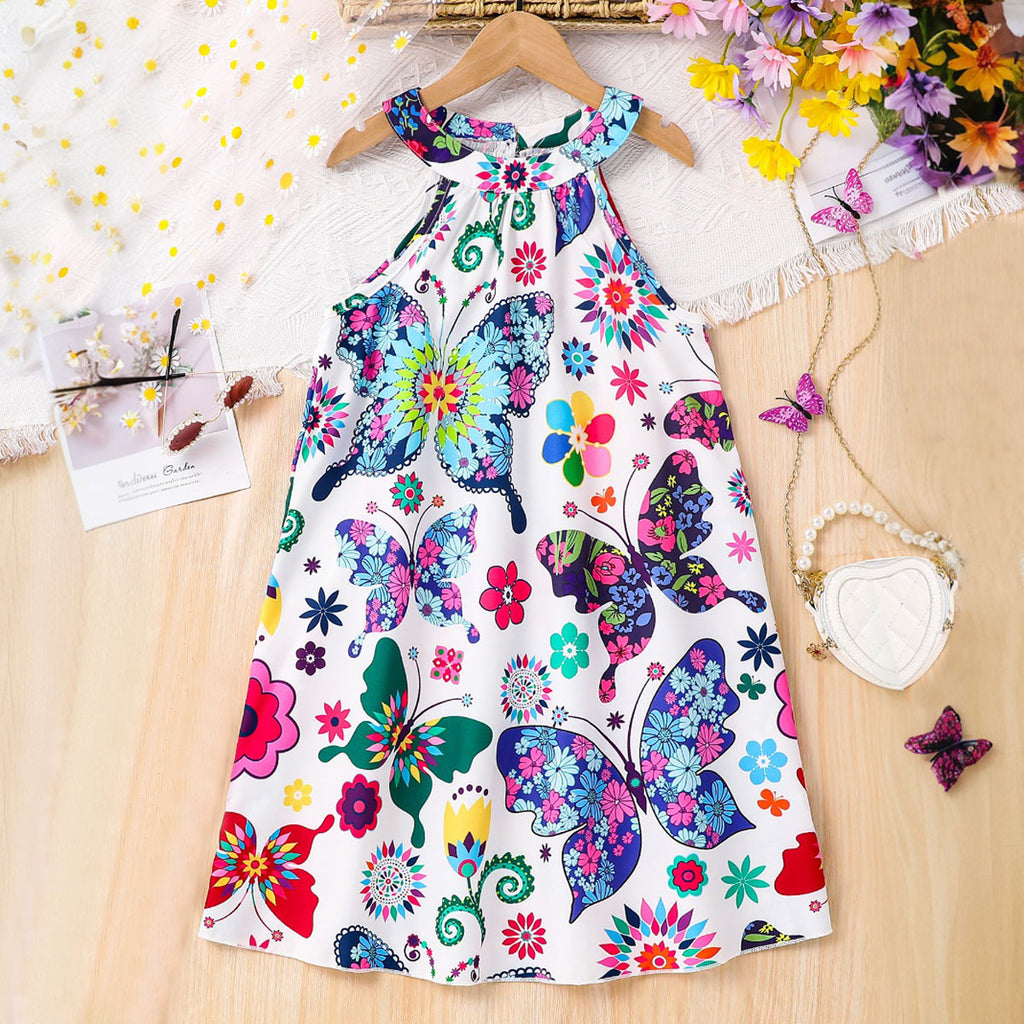 Girls Multicolor Butterfly Printed Halter Neck Casual Dress Casual Dresses Multicolor 3-4 Y