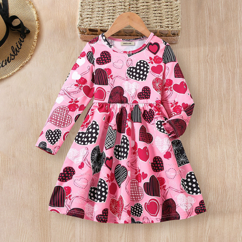 Girls Pink Heart Printed Long Sleeves Fit And Flared Dress Casual Dresses Pink 3-4 Y