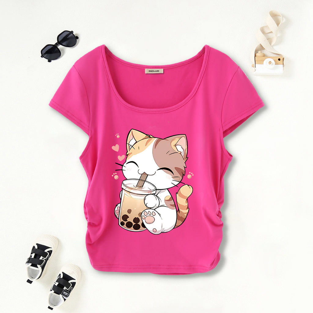 Girls Fuchsia Cat Graphic Short Sleeves Scoop Neck T-Shirt Tshirts Fuchsia 7-8 Y