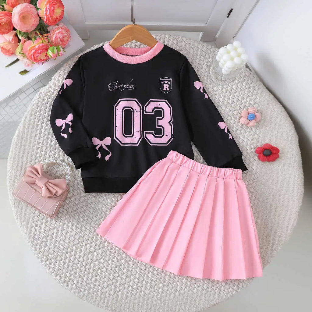 Girls Bow Printed Sweatshirt With With Pink Pleated Skirt Sets 2 pc. Sets Pink 3-4 Y