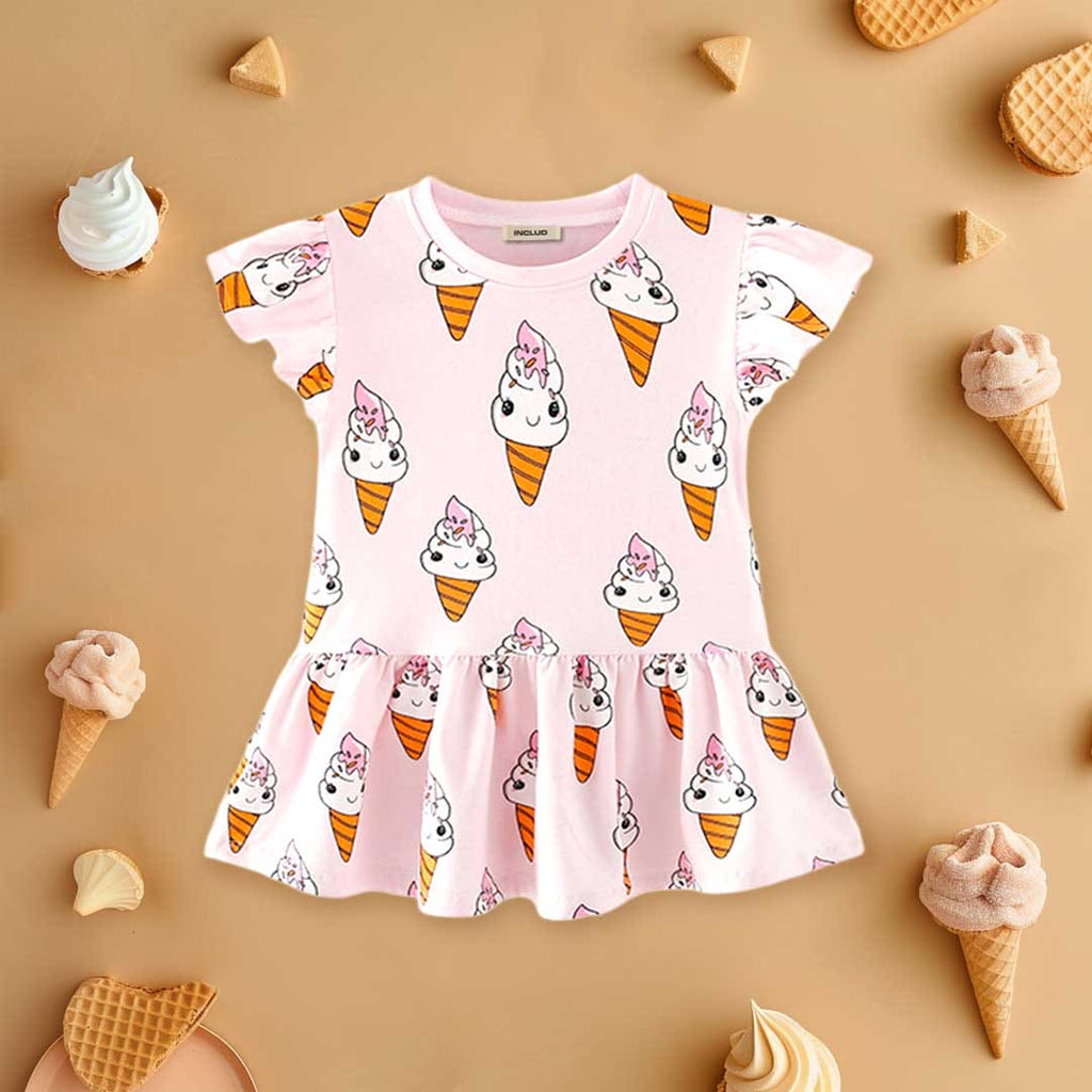 Girls Ice-cream Print Drop Waist Dress Casual Dresses Pink 1-2 Y 