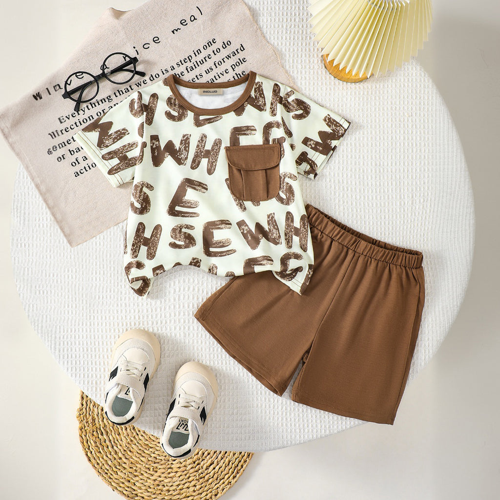 Boys Brown Typographic Printed Contrast Pocket T-Shirt With Shorts Set 2 pc. Sets Brown 3-4 Y