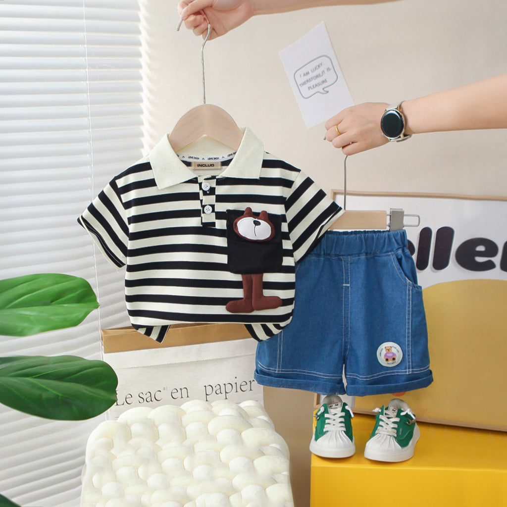 Boys Black Striped Polo T-Shirt With Denim Shorts Set 2 pc. Sets Black 1-2 Y