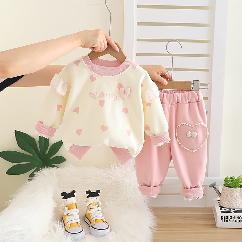 Girls Pink Heart Printed Sweatshirt With Pants Set 2 pc. Sets Pink 1-2 Y