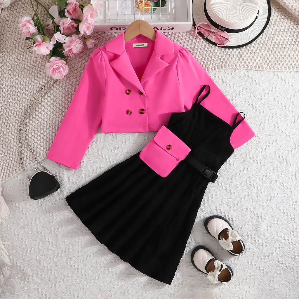 Girls Pink Crop Blazer With Sleeveless Black Dress Casual Dresses Pink 5-6 Y