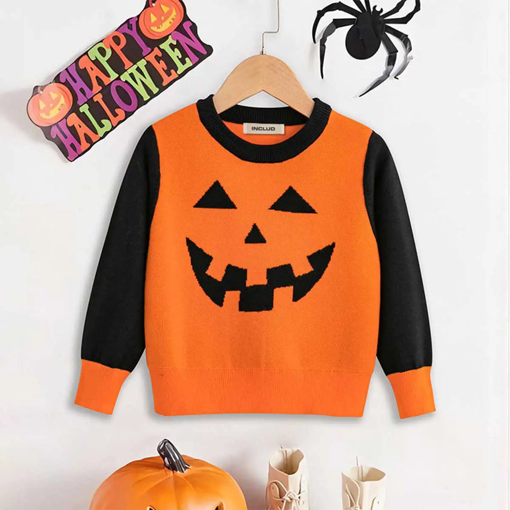 Boys Orange Sweater With Self-Design Halloween-Themed Pattern Sweaters & Cardigans Orange 3-4 Y