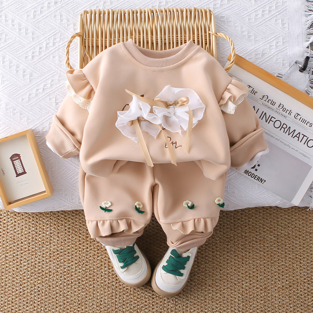Girls Beige Sweatshirt with Front Bows & Joggers Set Sets Beige 1-2 Y