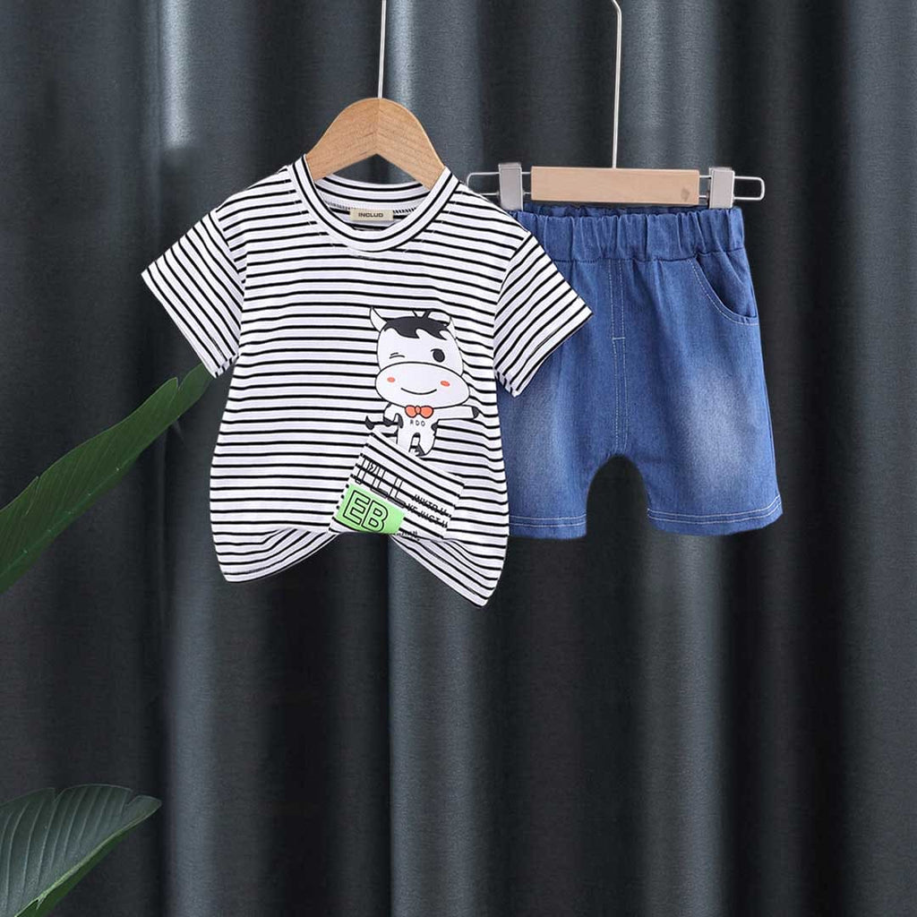Boys Striped T-shirt with Denim Shorts Set Sets White 1-2 Y 
