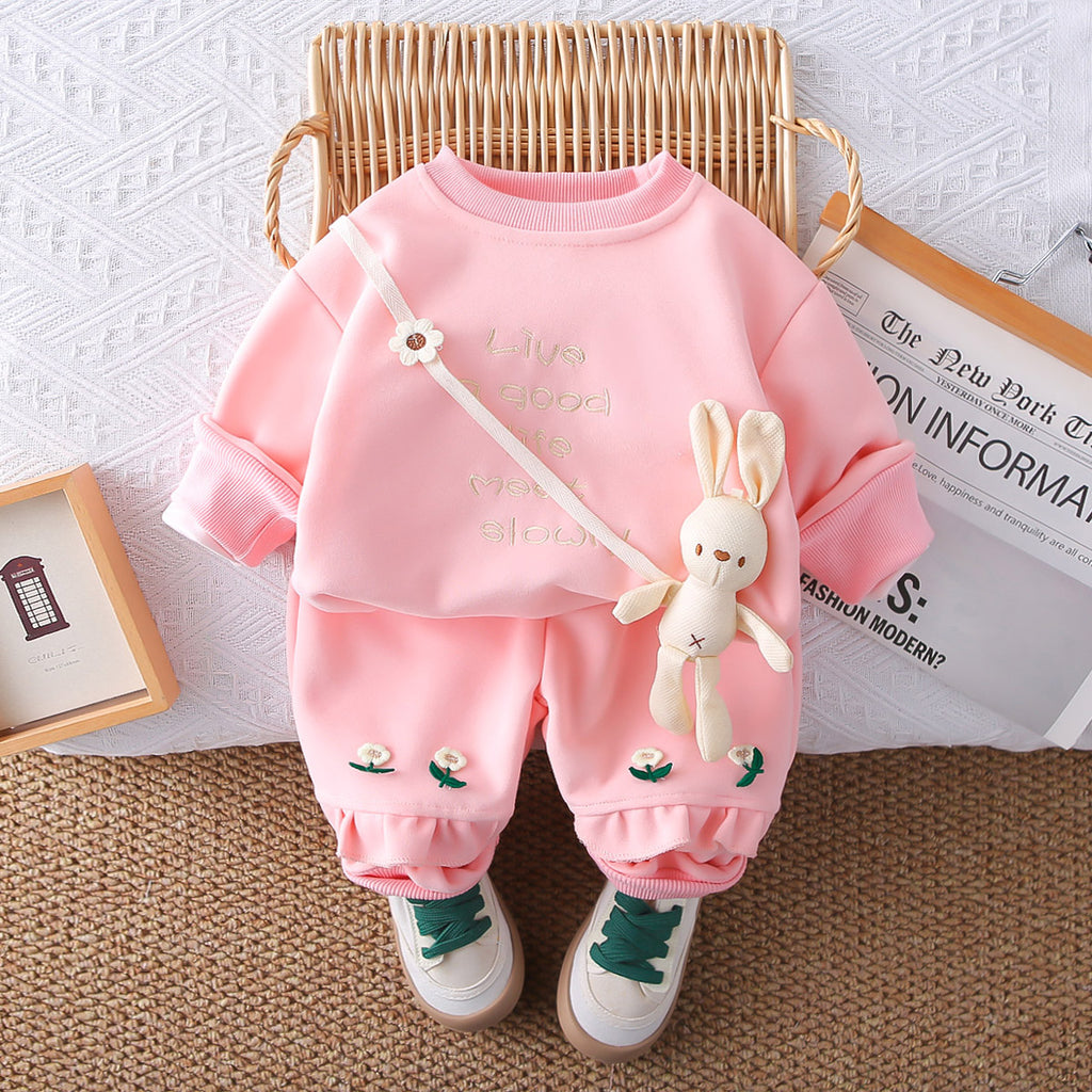 Girls Pink Embroidered Sweatshirt with 3D Attached Toy & Joggers Set Sets Pink 1-2 Y