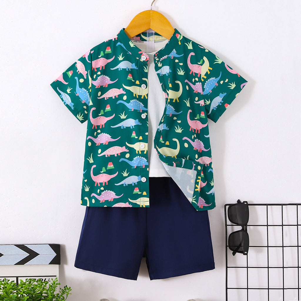Boys Green Dinosaur Printed Shirt With Shorts Set 2 pc. Sets Green 3-4 Y