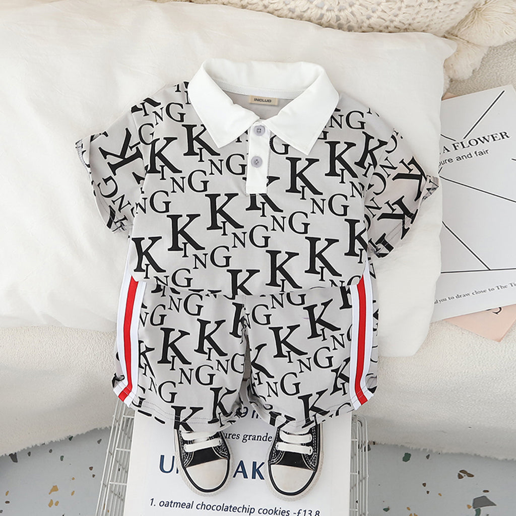 Boys Grey Printed Polo T-Shirt With Shorts Set 2 pc. Sets Grey 1-2 Y