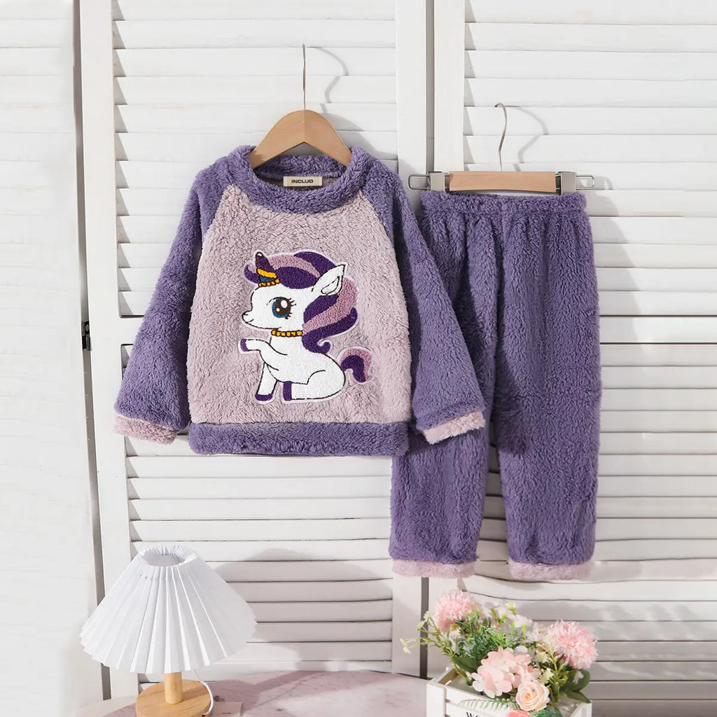 Girls Purple Polar Fleece Unicorn Embroidered Sweatshirt With Pants Sets Sets Purple 1-2 Y