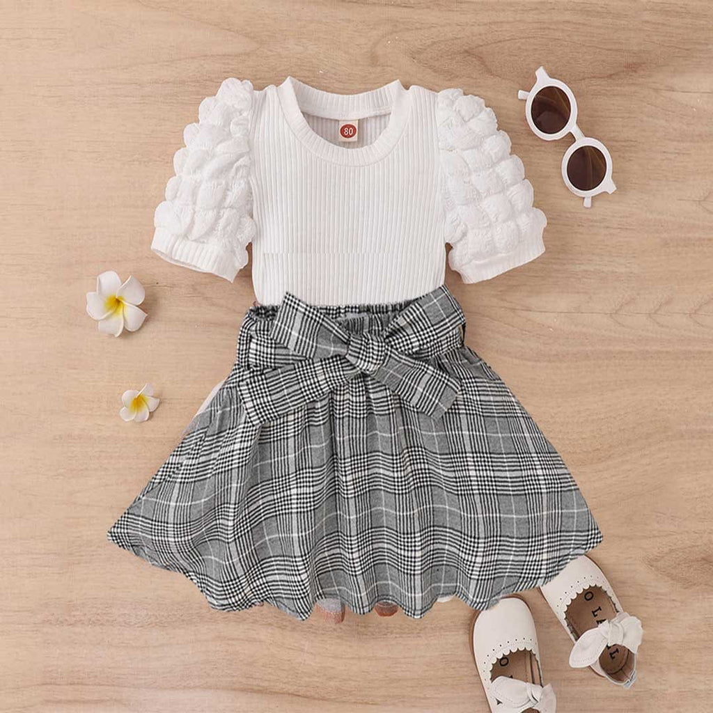 Girls Short Sleeve Knitted Top With Plaid Skirt Set 2 pc. Sets White 1-2 Y 