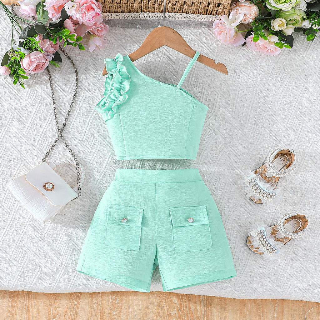 Girls Green One Shoulder Crop Top With Shorts Set 2 pc. Sets Green 1-2 Y