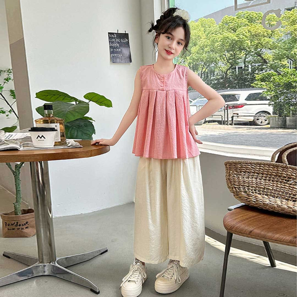 Girls Sleeveless Empire Line Top With Pants Set Sets Pink 6-7 Y 