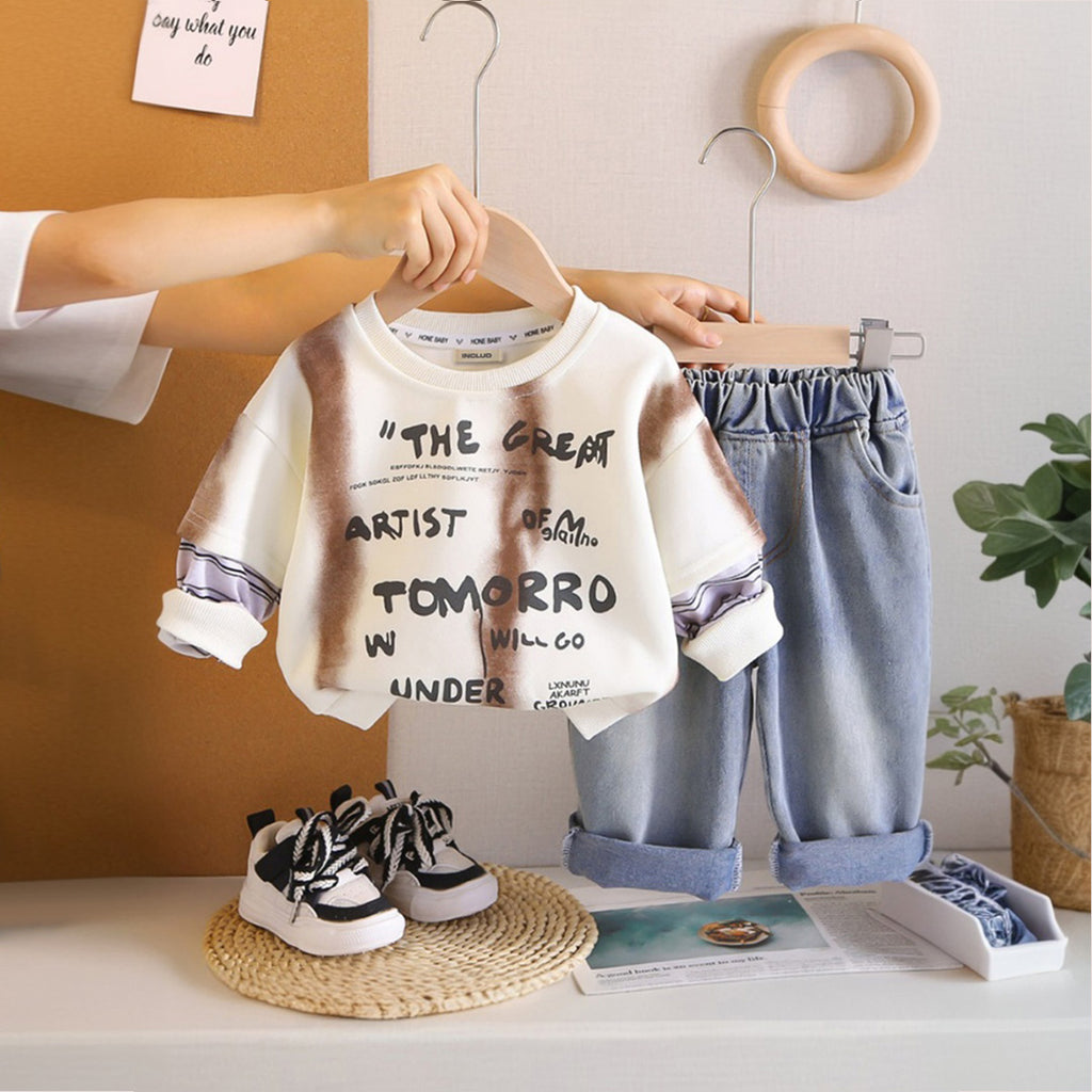 Boys Beige Typographic Sweatshirt With Denim Trousers Sets 2 pc. Sets Beige 1-2 Y