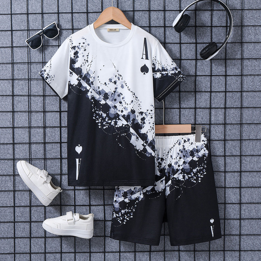 Boys Black Abstract Print Short Sleeve Shirt With Elasticated Shorts Set 2 pc. Sets Black 5-6 Y