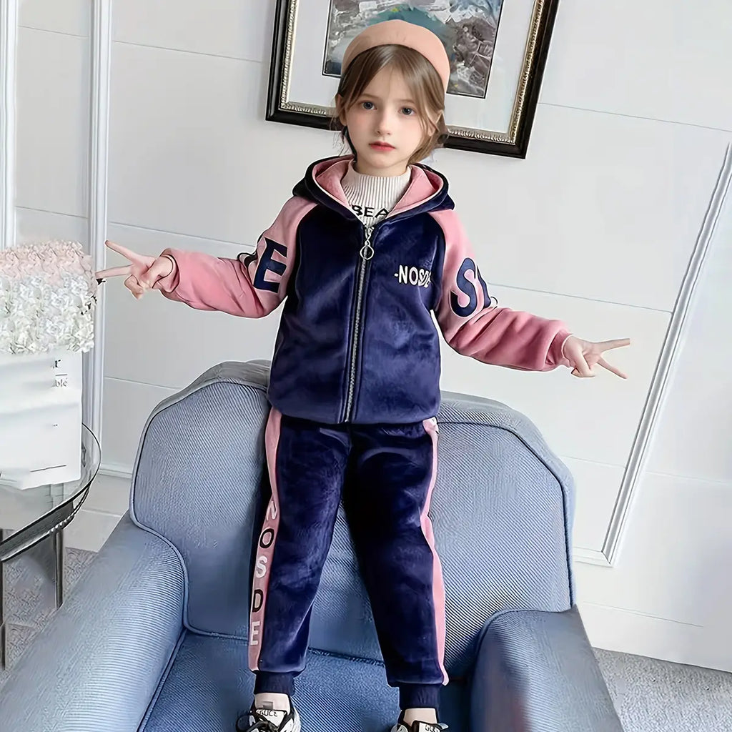 Girls Navy Blue Typographic Printed Hooded Zipper Jacket With Jogger Sets Sets Navy Blue 5-6 Y