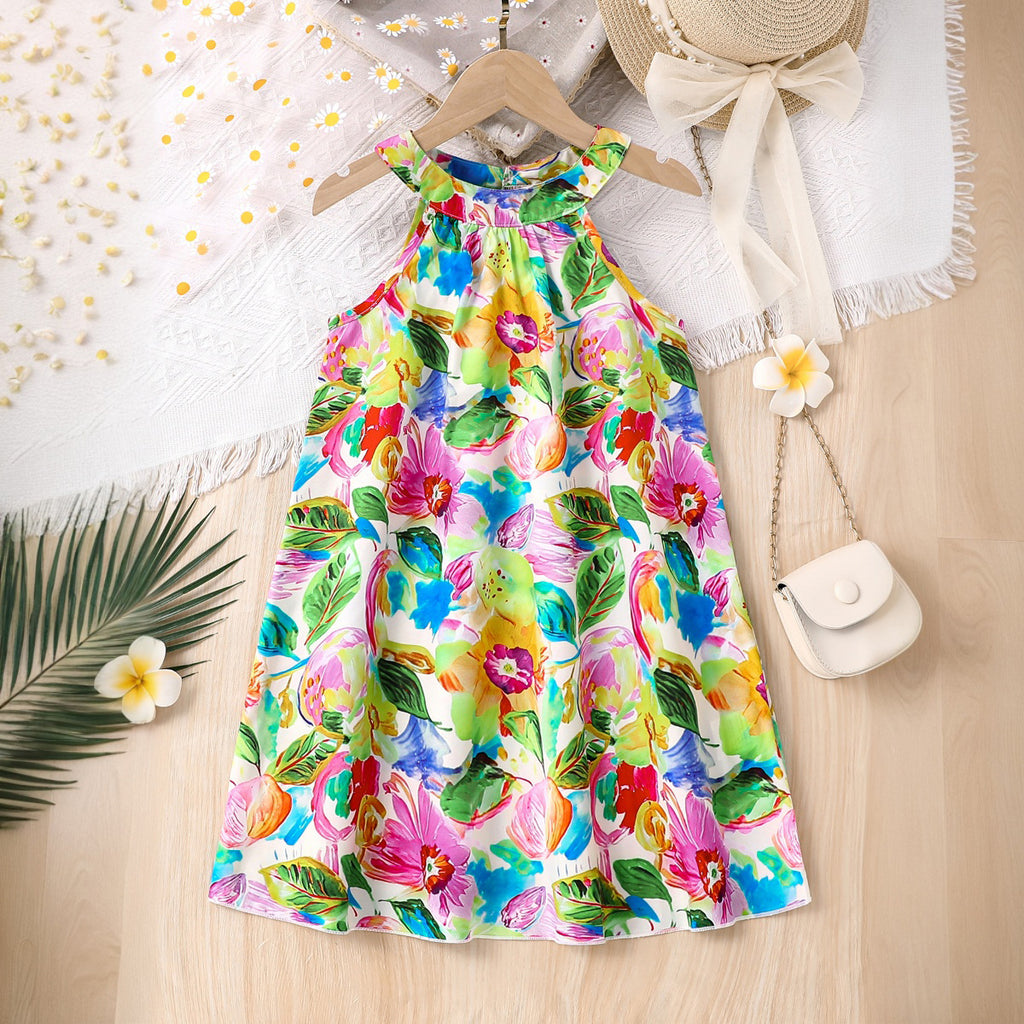 Girls Multicolor Floral Print Halter Neck A-Line Dress Casual Dresses Multicolor 3-4 Y