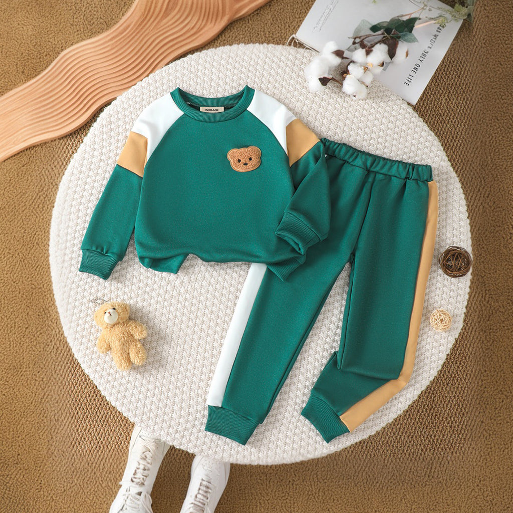 Boys Green Solid Sweatshirt With Joggers Winter Sets 2 pc. Sets Green 3-4 Y