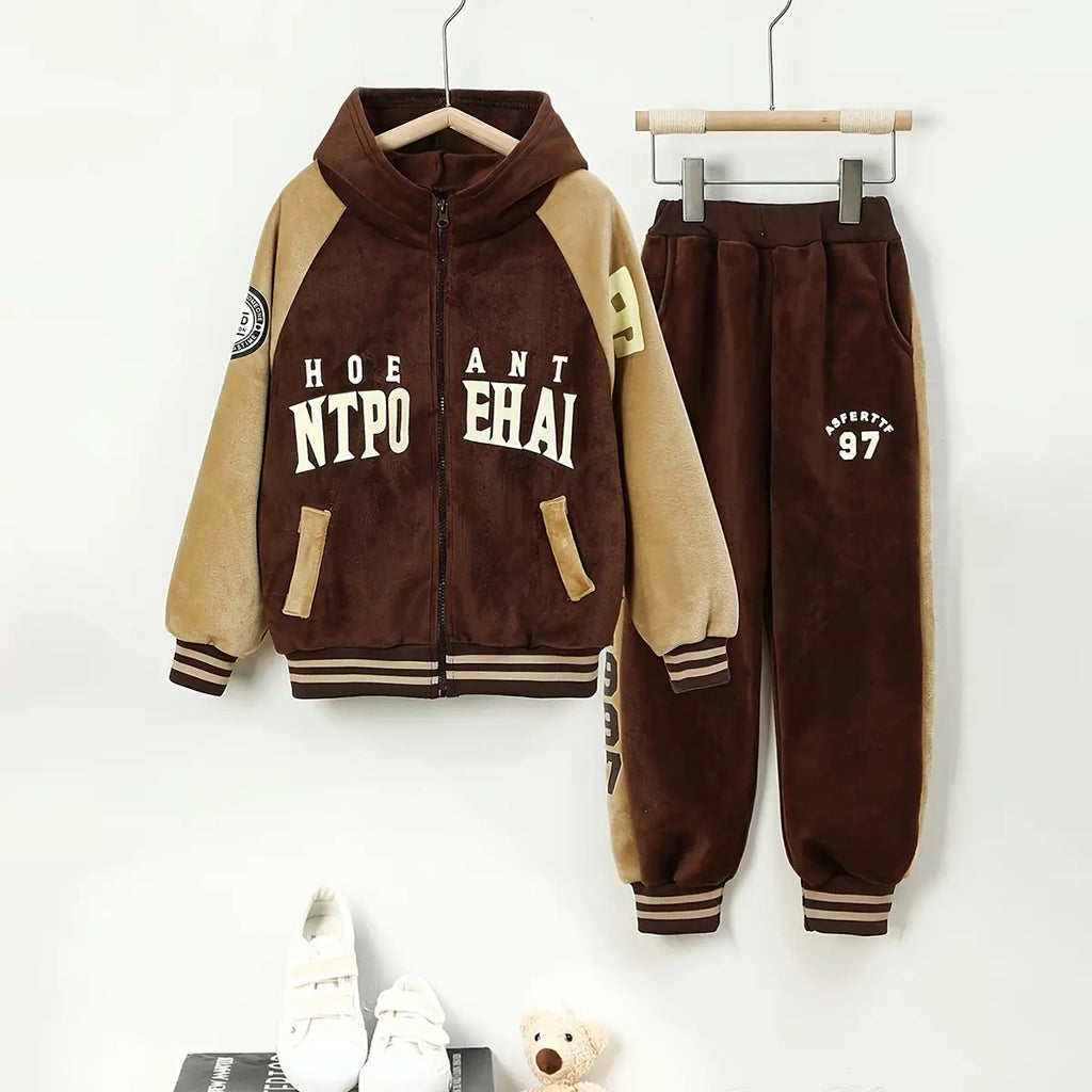 Boys Brown Typographic Printed Hooded Zipper Jacket With Jogger Sets Sets Brown 5-6 Y