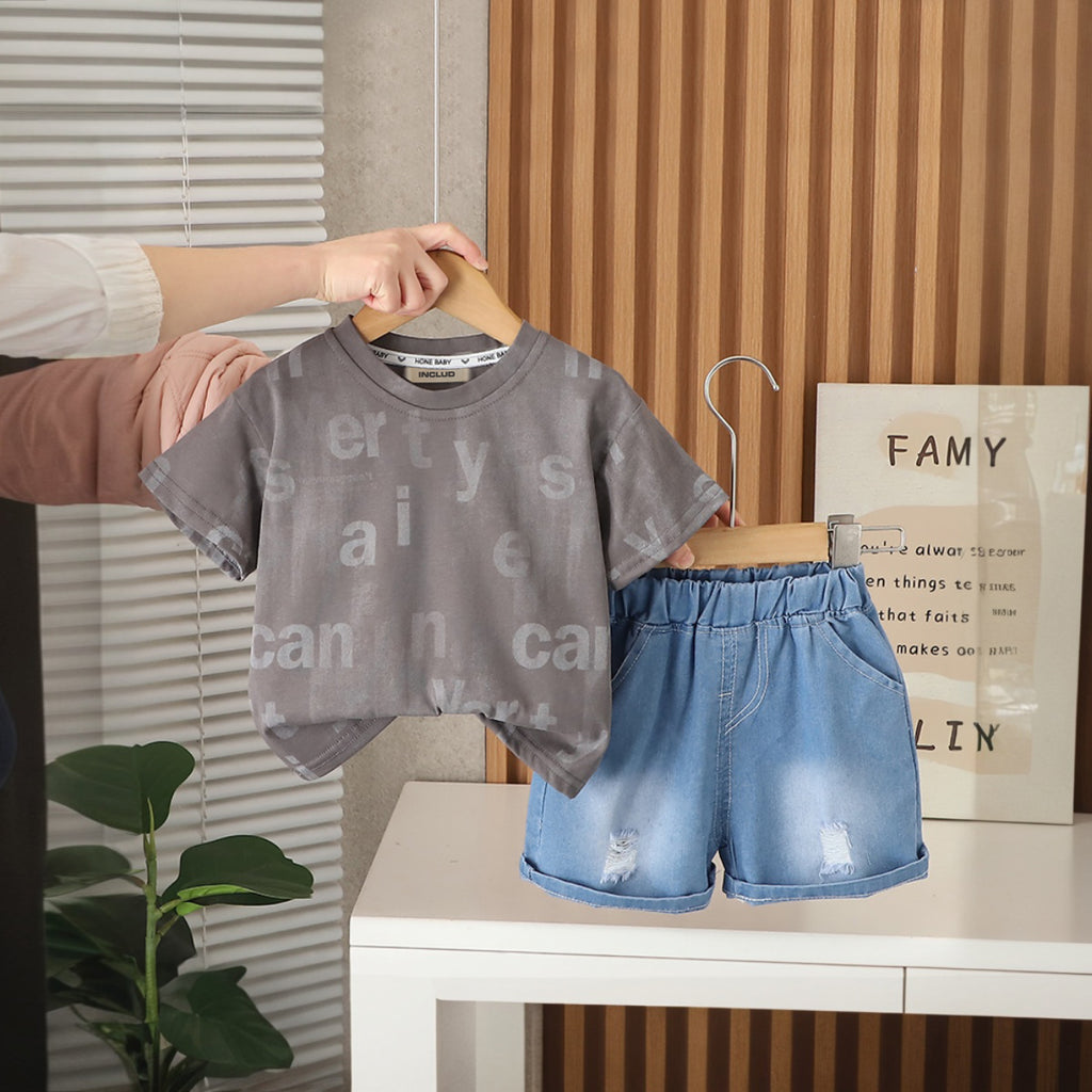 Boys Grey Printed T-Shirt with Distressed Denim Shorts Set Sets Grey 1-2 Y