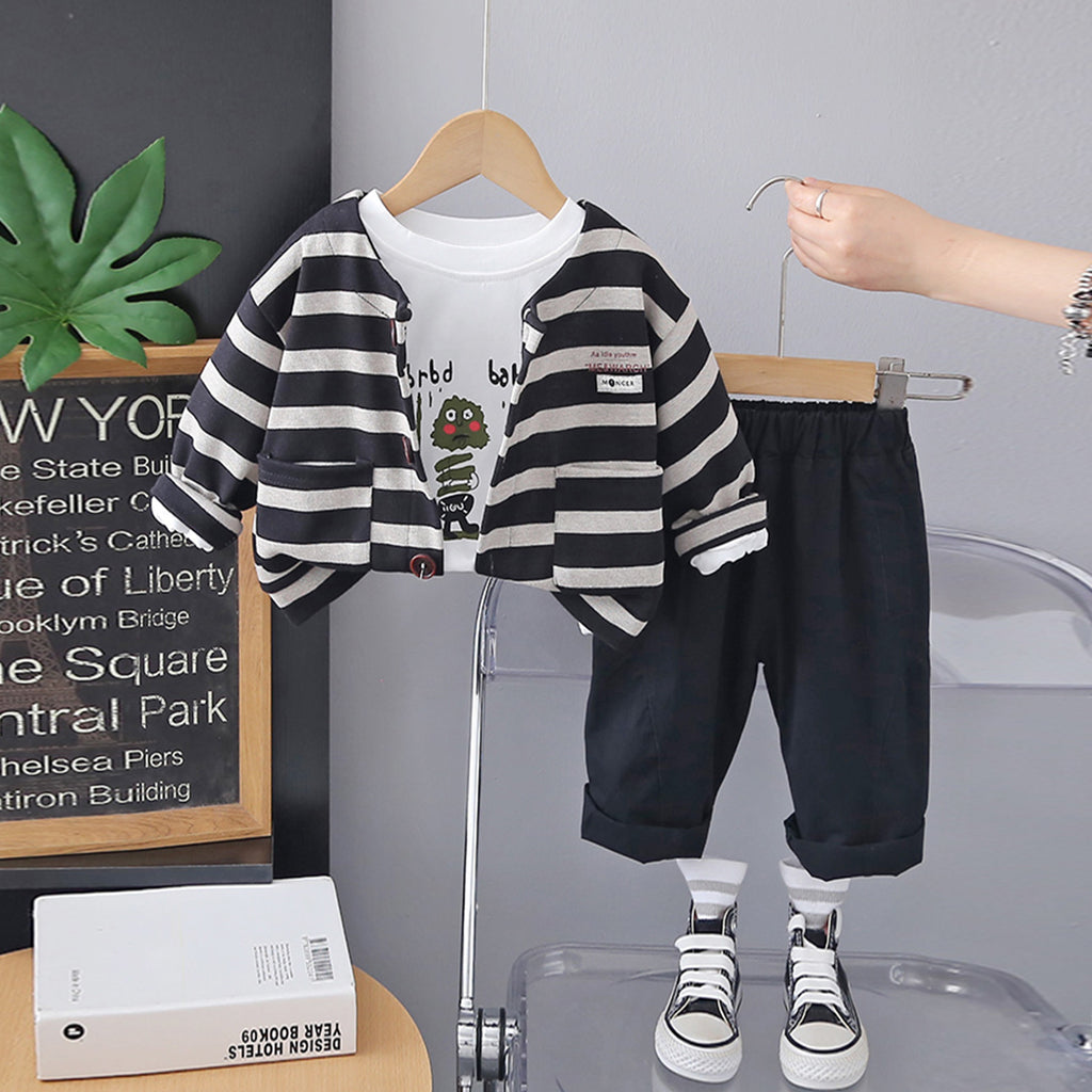 Boys Black Striped Cardigan with Full Sleeves T-shirt & Trousers Set Sets Black 1-2 Y