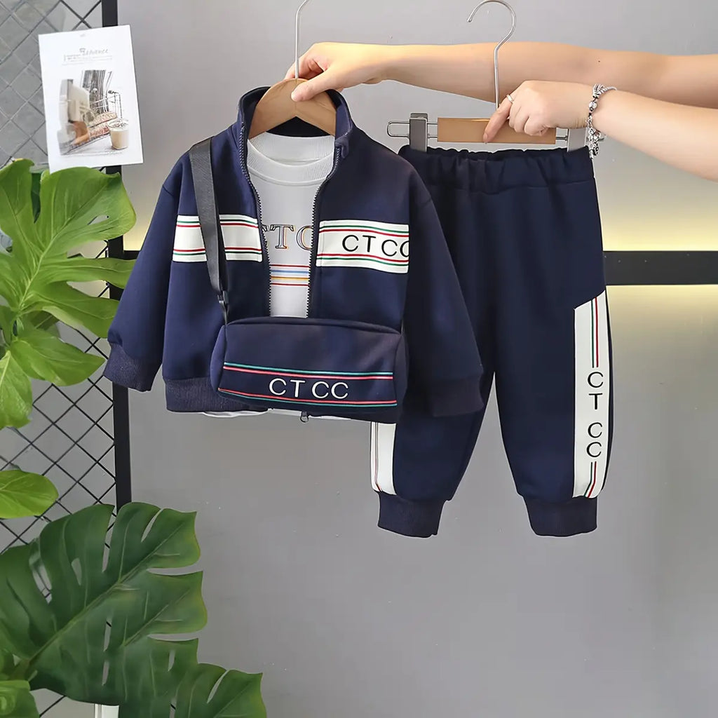 Boys Navy Blue Typographic Printed Zipper Jacket With Sling Bag & Jogger Sets Sets Navy Blue 1-2 Y