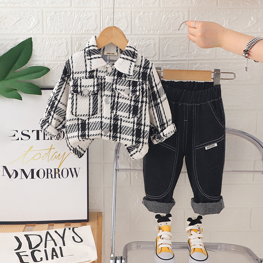 Boys White Checked Shacket With Denim Pants Set 2 pc. Sets White 1-2 Y